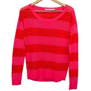 Lorna Jane Knit  Bright Pink Orange Striped Open Mesh Long Sleeve Sweater XS